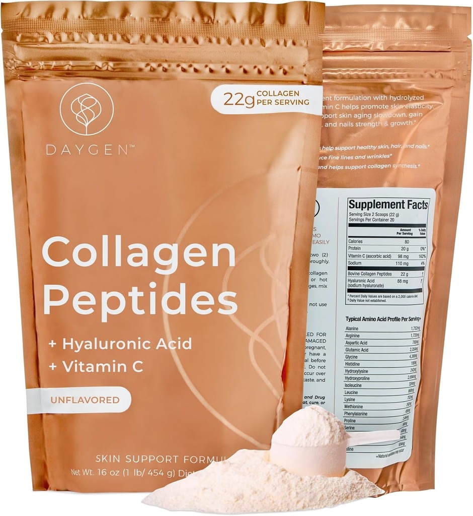 Poudre de peptides de collagène avec acide hyaluronique et vitamine C, poudre de collagène hydrolysée, support de peau, cheveux et ongles, collagène gazonné pour les femmes et les hommes, d'origine naturelle, sans saveur 16oz