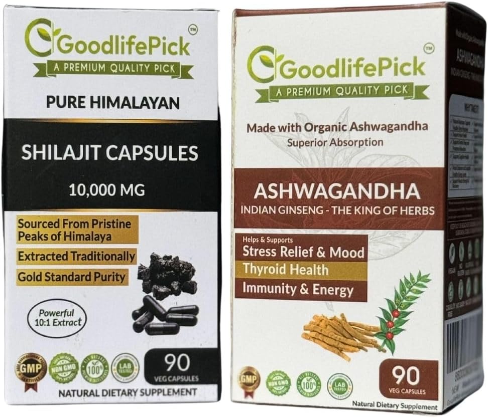 Himalayan Shilajit Capsule & Ashwagandha Capsules Pack de 2. 90+90 ct Or Standard Premium Qualité pour Max Avantages. Tous naturels Non OGM Pas de poudre de riz Pas de remplissage Pas de dioxyde de silicium Pas de stéarate
