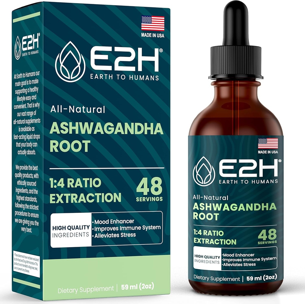 E2H Ashwagandha Liquid Drops - All-Natural Ashwagandha Supplement for Stress Relief and Mood Enhancer- Organic Ashwagandha Root Extract Effective Cortisol Manager | Non-GMO, Vegan | 2 Fl Oz