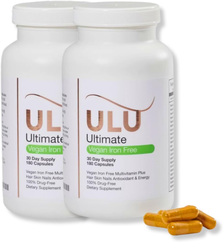 Multivitamine ultime: Vegan, sans fer, favorise les cheveux, la peau et les ongles plus forts et améliore l'antioxydant et l'énergie avec un meilleur sommeil et moins de stress (paquet de deux - 360 capsules)