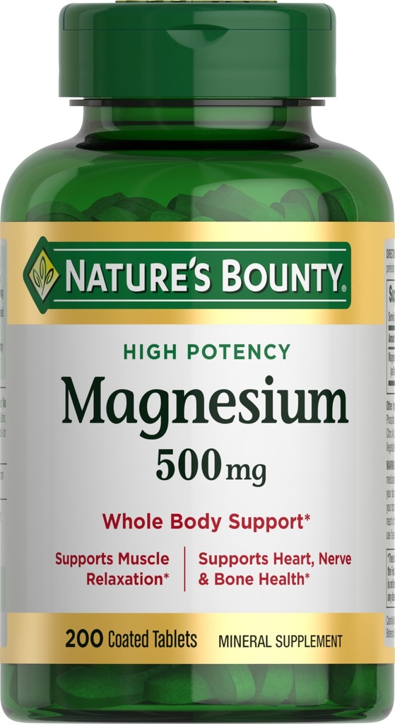 Nature's Bounty Magnésium 500 mg Comprimés, supplément de magnésium à haute puissance pour la santé des os et des muscles, soutien du corps entier, 200 Compte (paquet de 1)
