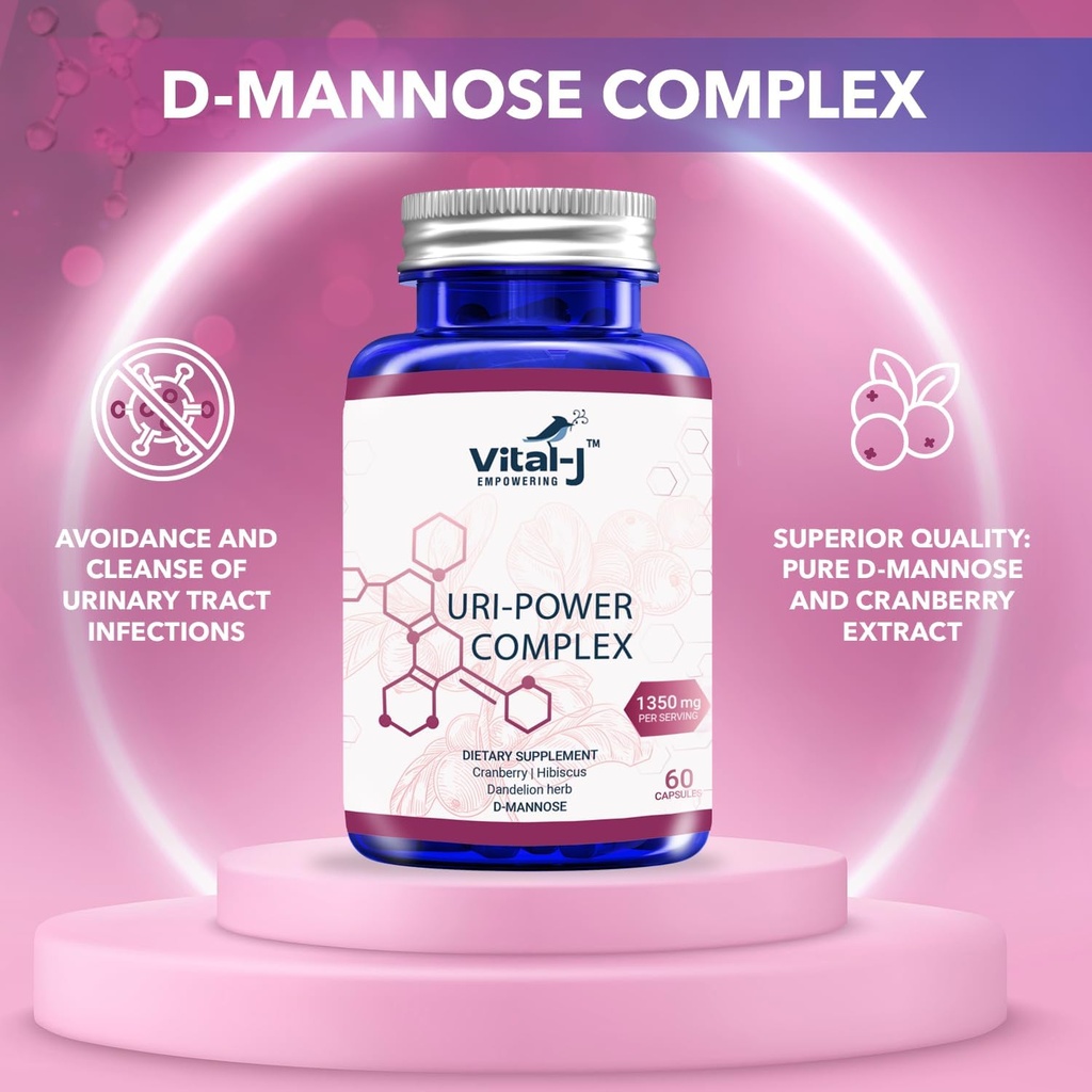 4-IN-1 URI POWER COMPLEX 1350mg - 60 jours - D Mannose, canneberge, Hibiscus et Dandelion Herb - Nettoyez naturellement le Bladder et le piège urinaire – Approche spécialisée pour l'évitement UTI Pack de 2