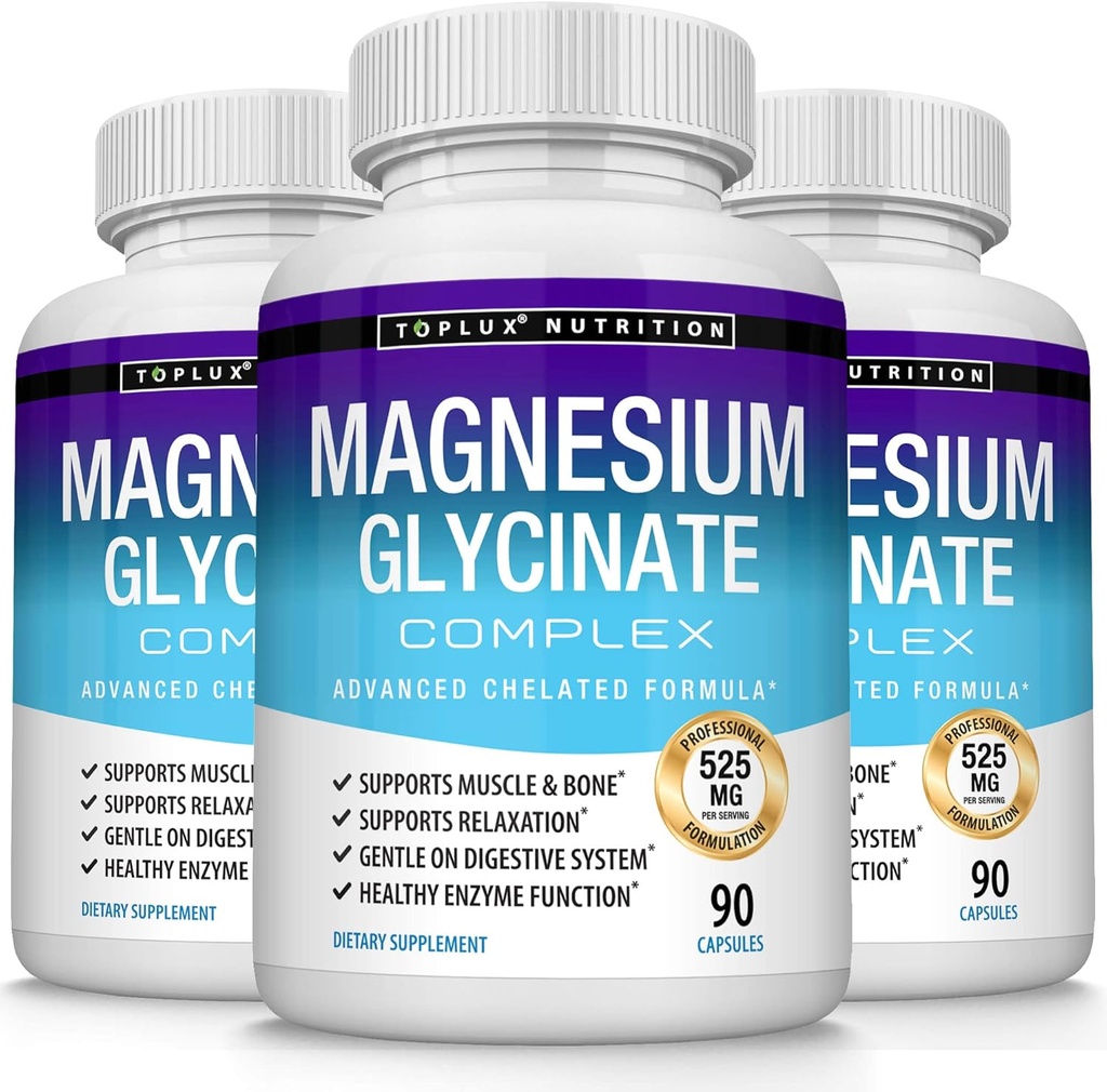 3X Bouteilles Magnésium Glycinate Complexe 525 mg Haute Absorption 125% DV Chélaté - Formulé pour la relaxation et la récupération musculaires, Biodisponibilité maximale, Vegan pour hommes femmes, 90 Capsules, Toplux