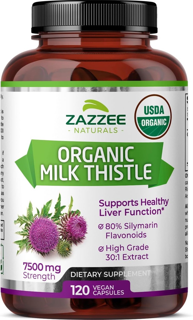 Zazzee USDA Thistle de lait biologique 30:1 Extrait, 7500 mg Résistance, 120 Capsules Vegan, 80% Silymarin Flavonoïdes, extrait 30X normalisé et concentré, 100% végétarien, tout naturel et non-OGM