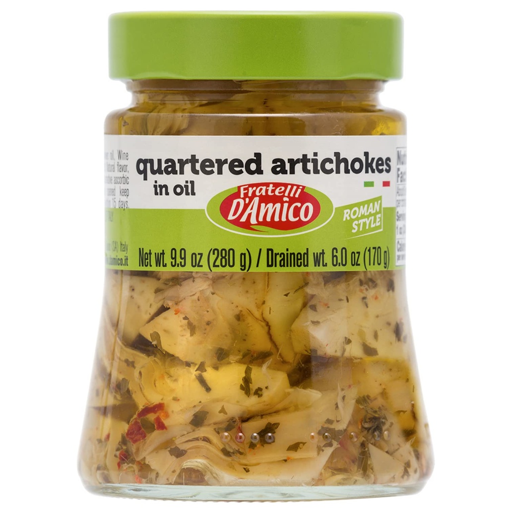 FRATELLI D'AMICO - Artichauts Quartés dans l'huile "style romain", qualité premium, sélection des chefs, 9,9 oz (280 g), antipasto, assaisonné, carciofi, produit de l'Italie