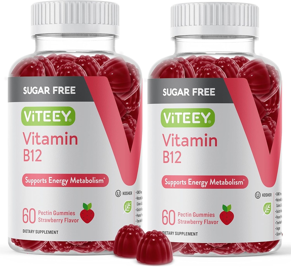 Viteey Vitamine B12 Gummies pour adultes et adolescents 1000mcg, sans sucre - Bon pour l'énergie, le métabolisme, le soutien de l'énergie naturelle - végétalien, sans gélatine, sans gluten, sans OGM - aromatisé aux fraises à croquer