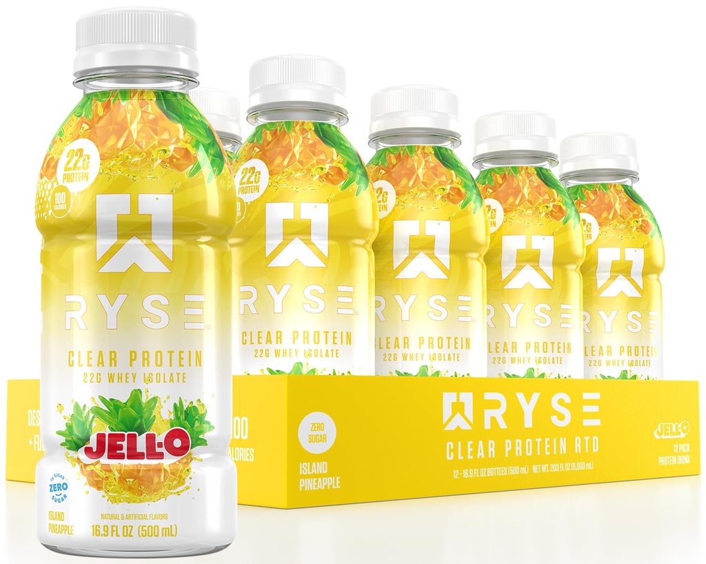 RYSE boisson protéinée claire - Ananas de l'île Jell-O - 100 calories, 22g de lactosérum isolate de lactosérum, sans sucre, 0g de graisse et sans lactosérum - rafraîchissante boisson prête à boire - 16,9 fl oz bouteilles (12-pack)