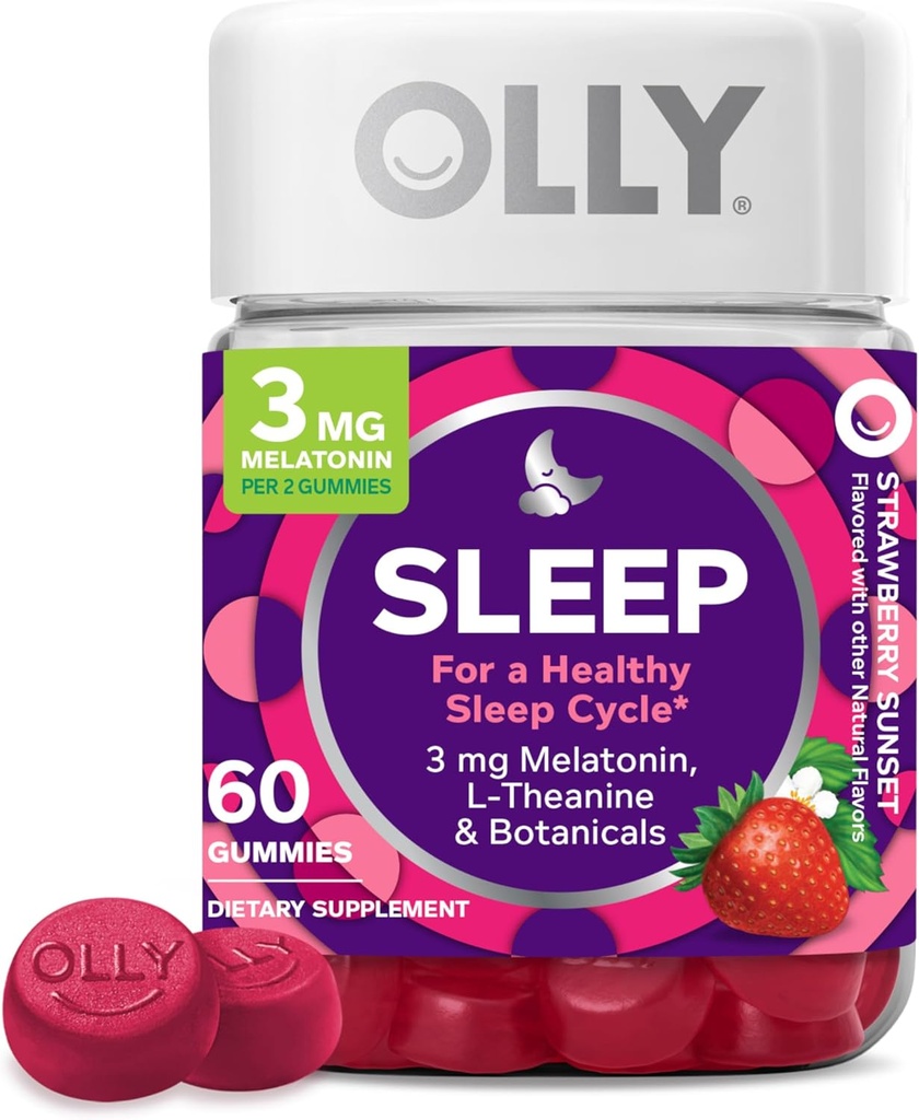 Gummy de sommeil, 3 mg Mélatonine, L-Theanine, Camomille, Baume de citron, Aide au sommeil, Fraise, 60 Nombre