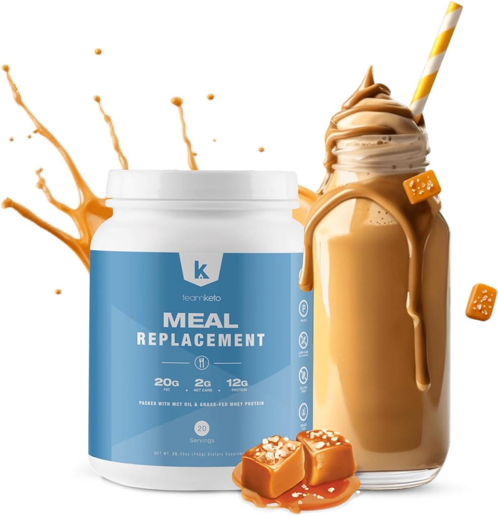 TeamKeto poudre de remplacement de repas sans gluten contient de la poudre MCT, huile de coco, poudre de protéines de lactosérum alimentée par l'herbe et des saveurs 100% naturelles pour Boost Ketosis- Faible Carbs & Energy Boost- 742g- Caramel salé