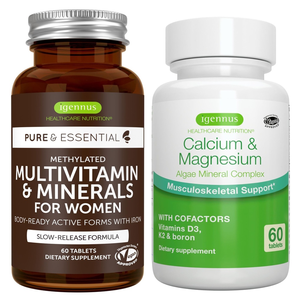 Multivitamines et minéraux pour les femmes + Complexe de calcium et de magnésium Mélange végétalien, libération prolongée Multivitamine avancée + 2:1 Complexe minéral d'algues à base végétale, par Igennus