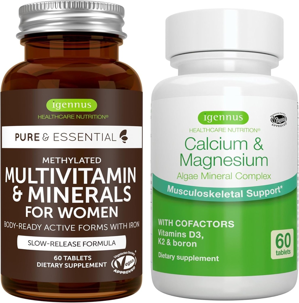Multivitamines et minéraux pour les femmes + Complexe de calcium et de magnésium Mélange végétalien, libération prolongée Multivitamine avancée + 2:1 Complexe minéral d'algues à base végétale, par Igennus