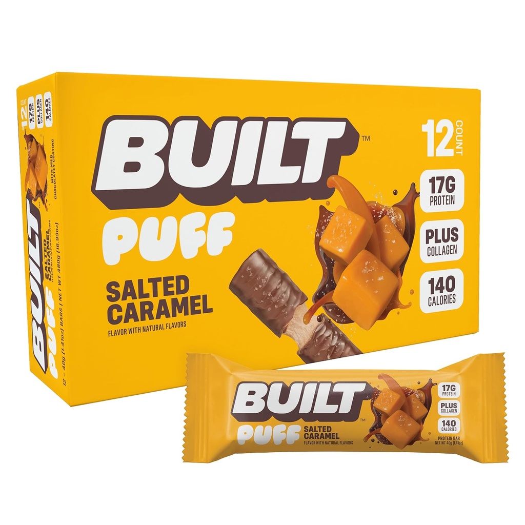 Barre construite, barres de protéines de puff, puff de caramel salé, 17g de collations de protéines, barres en marche, seulement 140 calories, 6g de sucre, collagène, sans gluten, 12 comte