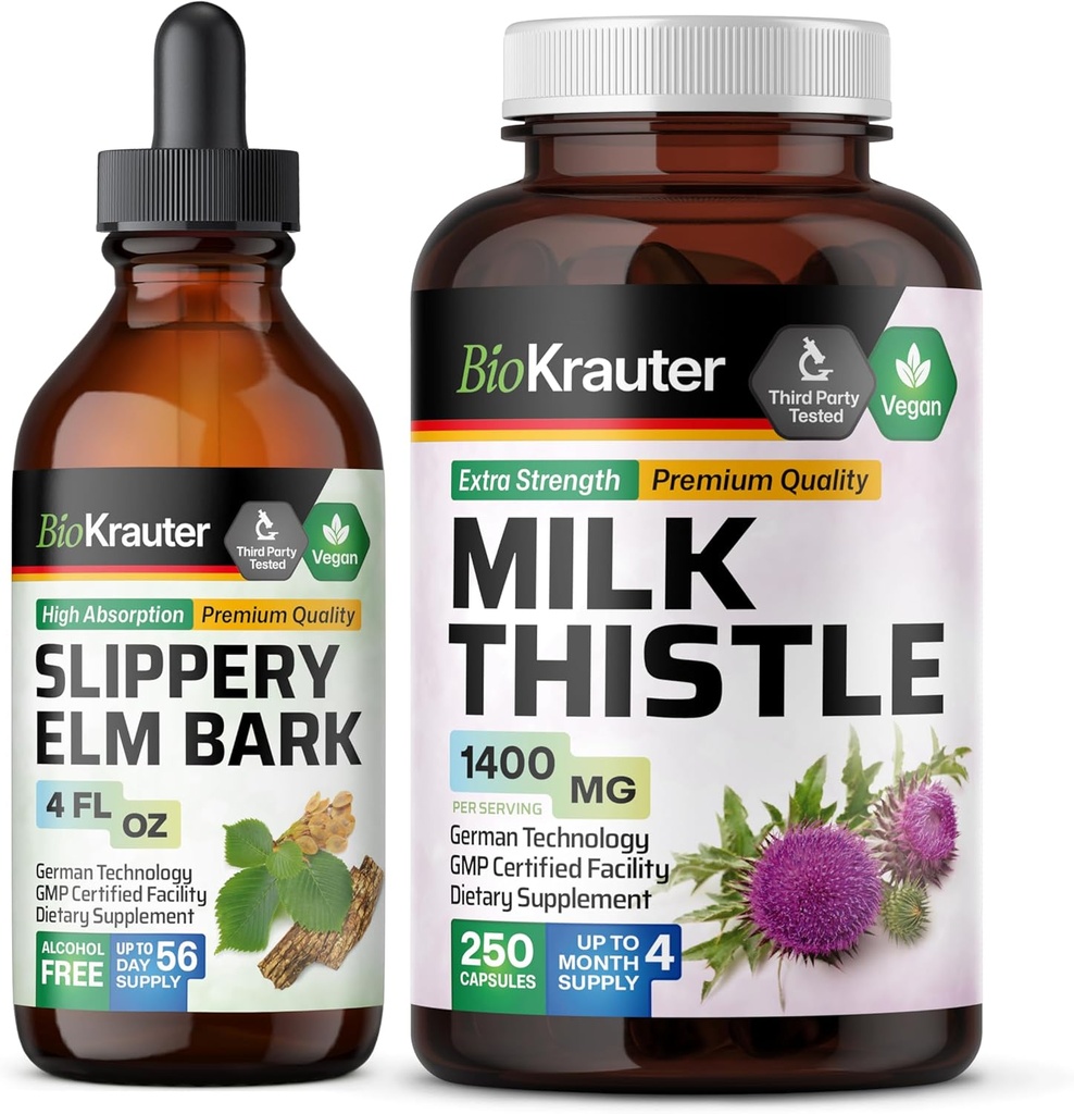BIO KRAUTER Slippery Elm Teinture 4 Fl. Oz. & Thistle de lait 250 Capsules