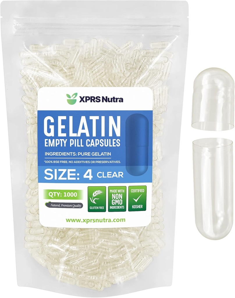 XPRS Nutra Size 4 Empty Capsules - 1000 Count Small Clear Empty Gelatin Capsules - Pills DIY Capsule Filling - Fillable Pure Bovine Pill Gel Caps for Do-It-Yourself Supplements