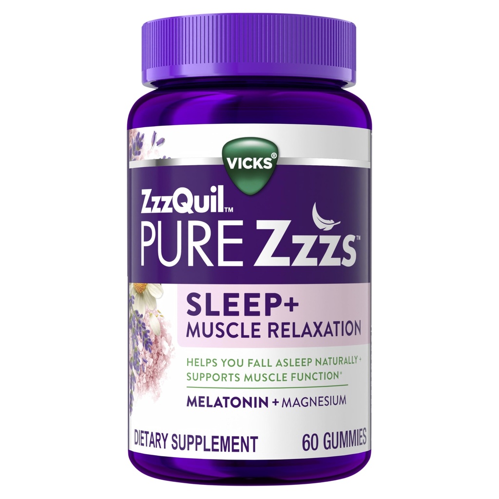 ZzzQuil Zzz Pure Relaxation musculaire Mélatonine Aide au sommeil Gommies, soutient la fonction musculaire, vous aide à dormir naturellement, rapide, mélatonine + Magnésium, pas de prochain jour Goggirness, sans médicament, 60ct