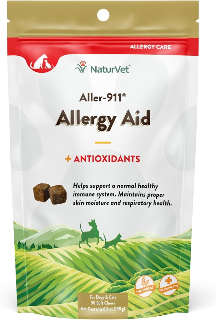 NaturVet – Aller-911 Skin & Coat Allergy Aid Plus Antioxydants – 90 Soft Chews – soutient le système immunitaire, l'humidité de la peau et la santé respiratoire – amélioré avec les Omégas, DHA & EPA – pour chiens et chats