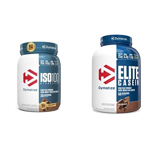 Dymatize en poudre de protéines hydrolysées ISO100, 25g de protéines isolées 100 % de lactosérum, chocolat gourmand, 20 portions en poudre de protéines de caséine Elite, 100 % de caséine Micellar, chocolat riche, 4 livres