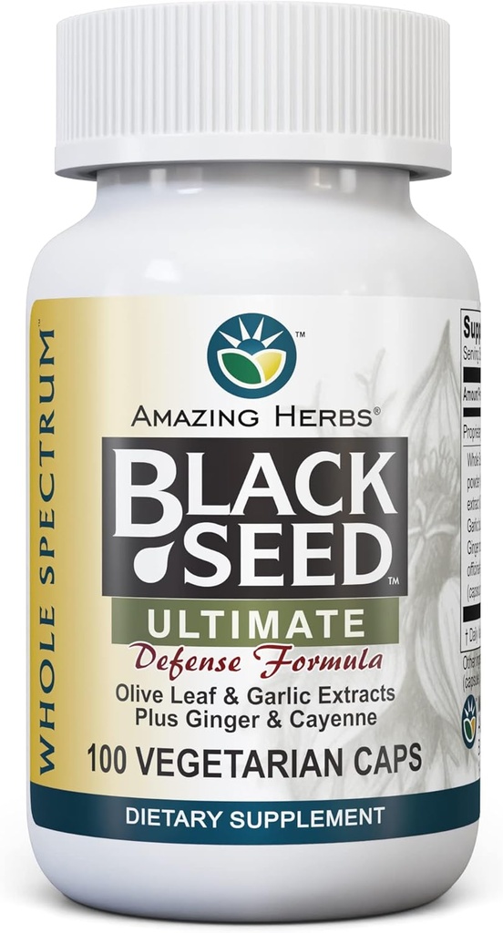 Amazing Herbs Whole Spectrum Black Seed Ultimate, Capsules végétariennes - Extraits de feuille d'olive et d'ail Plus Ginger & Cayenne, sans gluten, sans OGM, végétalien - 100 Compte