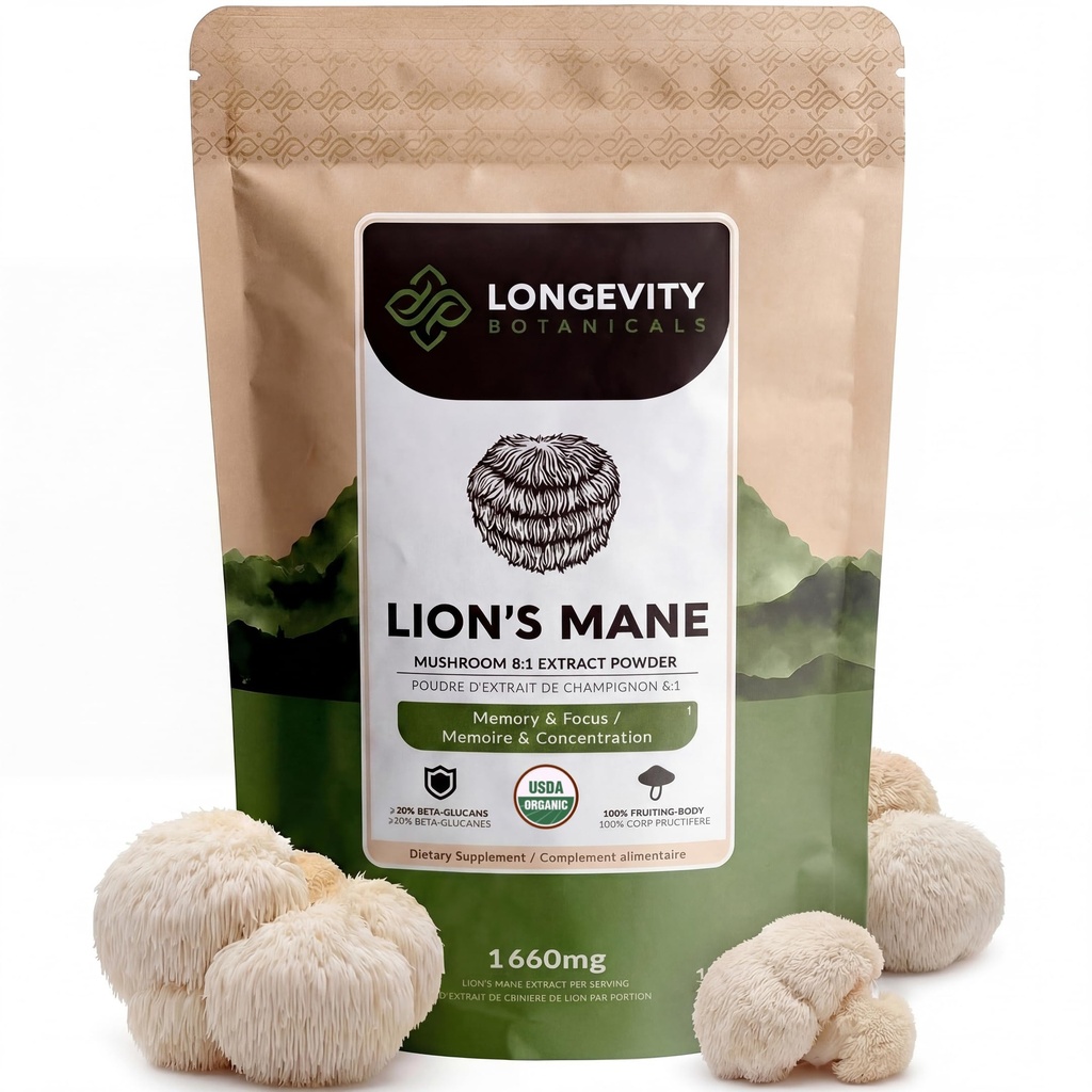 Longevity Botanicals Organic Lion's Mane Mushroom Powder Supplement Extract 100g | Hericium Erinaceus Fruiting Body | ≥20% Beta-D-Glucans | 60 Servings of 1,660mg | Supports Cognitive & Gut Wellness