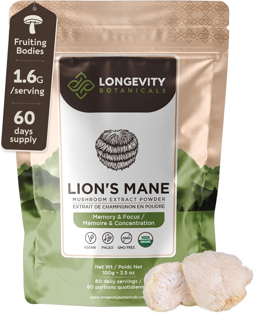 Organic Lions Mane Powder Mushroom Supplement 100g | Pure Fruiting Body 8:1 High Strength Extract | 20% Beta-D Glucans | 13,280mg Raw Equivalent Per Serving | Focus, Memory, Gut, Nerve & Brain Support