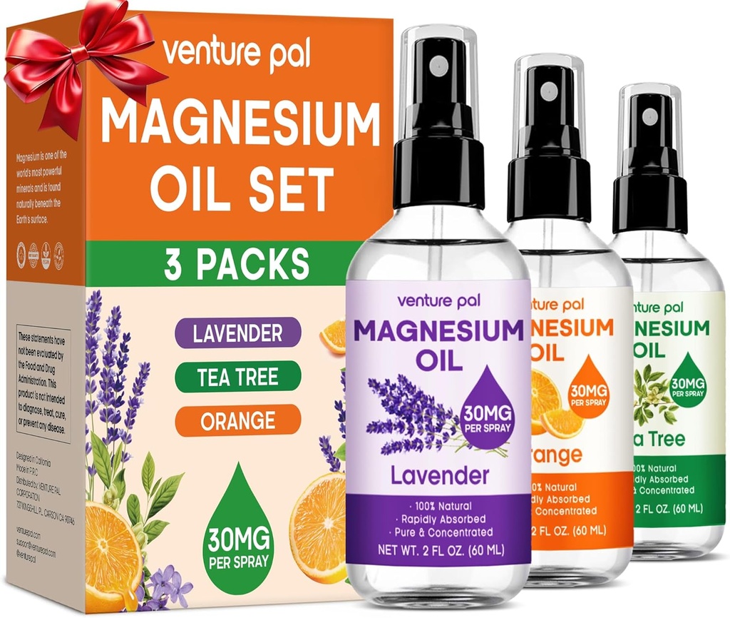 Venture Pal 3-Pack Ensemble de spray d'huile de magnésium topique pour pieds – Cadeau idéal pour la détente, un meilleur sommeil, un soulagement musculaire pour les jambes et les articulations, cheveux et peau sains. Absorption rapide, non grasse