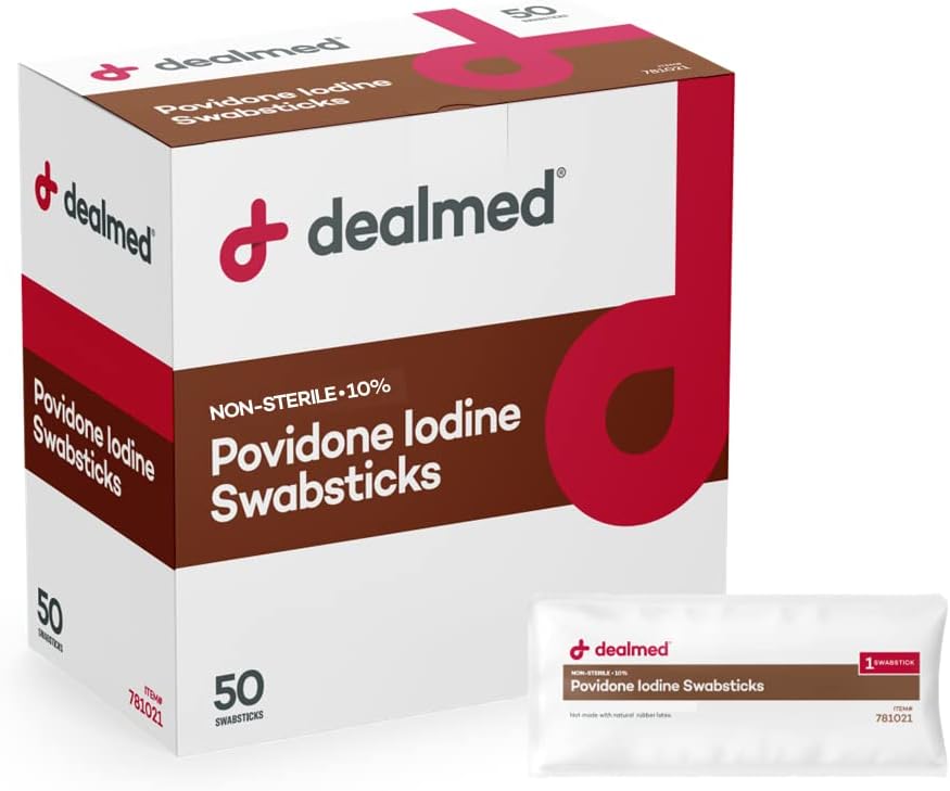 Offred Povidone Iodine 10% Swabsticks - Paquets scellés individuellement parfaits pour l'entretien des blessures et trousses de premiers soins portables, 50/Box (paquet de 1)