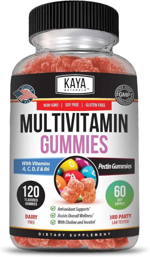 Kaya Naturals Gummy multivitamine adulte, 120 Compte, Biotine, Vitamine A, B-12, C & E, y compris le zinc, l'acide folique, le goût de fraise (120 Gummies)