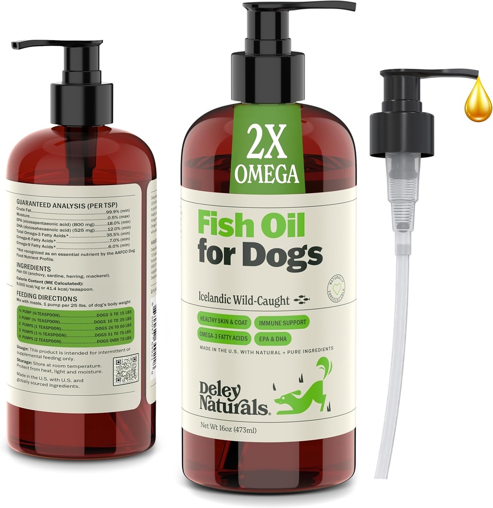 Deley Naturals Huile de poisson de chien Icelandic 2X Omega - Démangeaisons de chien Soulagement de peau avec Omega 3 6 9 pour Allergies, Coat & Coeur - Omega 3 Huile de poisson pour chiens Irritation de peau - Huile Omega 16oz pour chiens fabriqués aux États-Unis