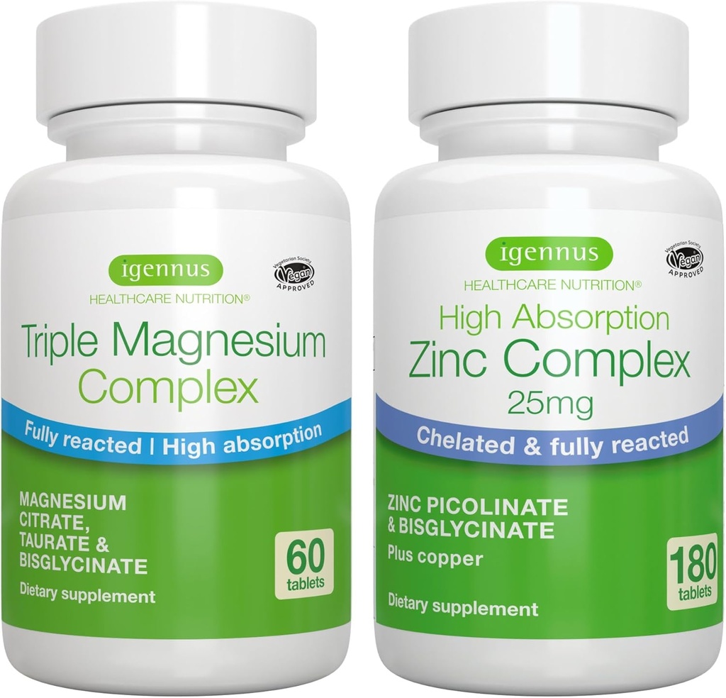 Complexe triple Magnésium + complexe de zinc Mélange végétalien, haute absorption Magnésium chélaté + 25mg Picolinate de zinc chélaté et bisglycinate avec cuivre, par Igennus