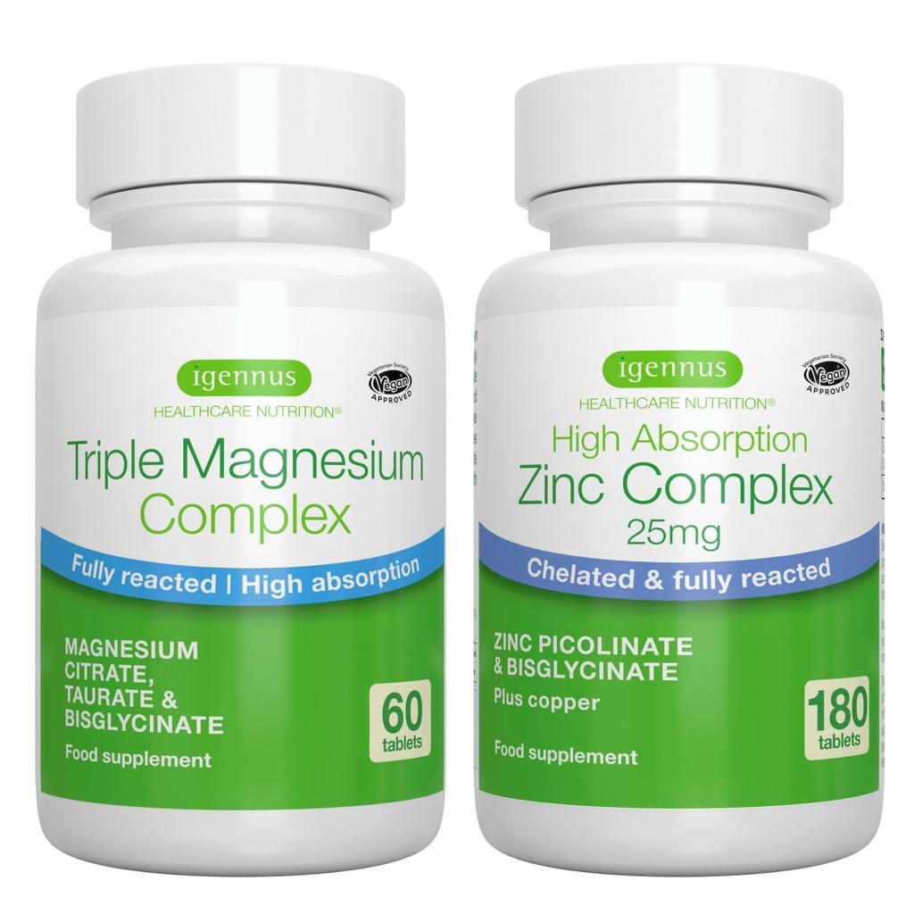 Complexe triple Magnésium + complexe de zinc Mélange végétalien, haute absorption Magnésium chélaté + 25mg Picolinate de zinc chélaté et bisglycinate avec cuivre, par Igennus