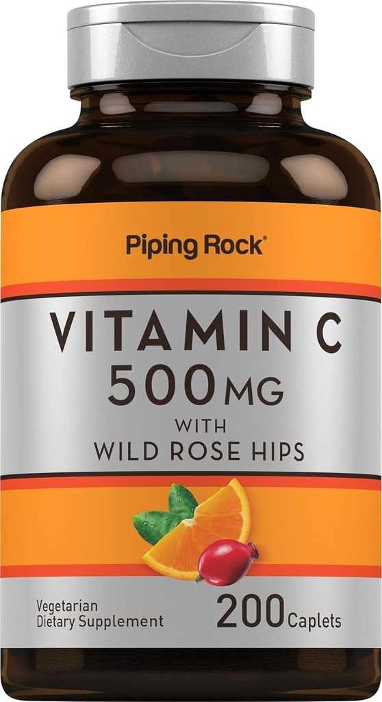 Piping Rock Vitamine C. 500mg. 200 Caplets avec rose HIPS. Végétarien, Non-OGM, Supplément sans gluten