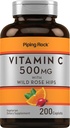 Piping Rock Vitamine C. 500mg. 200 Caplets avec rose HIPS. Végétarien, Non-OGM, Supplément sans gluten