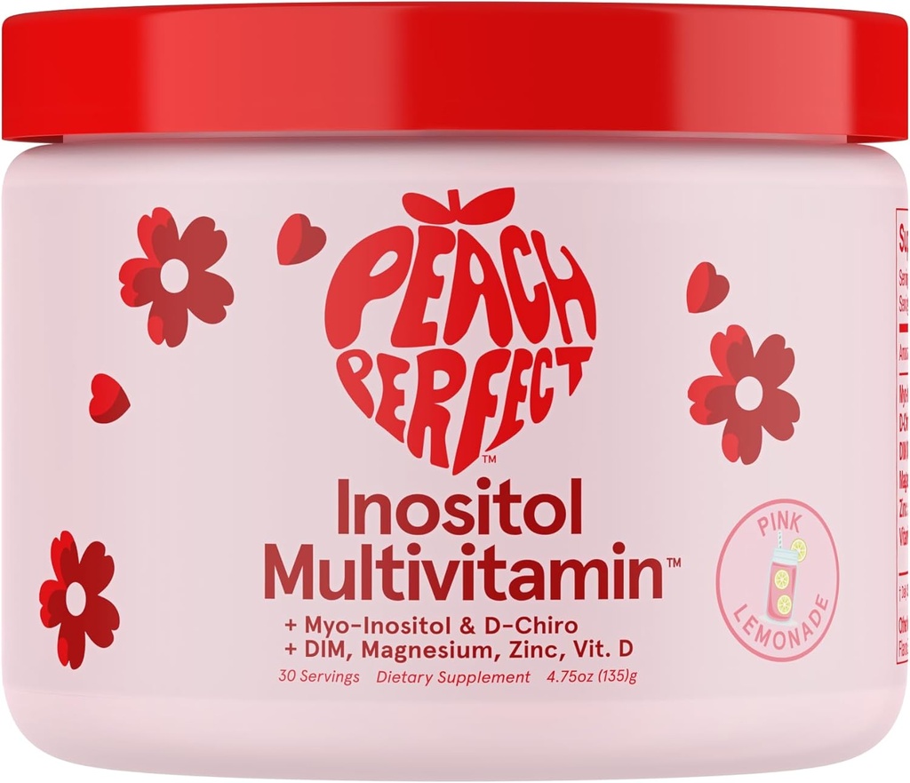 Poudre de Peach Perfect Inositol Multivitamine, Lemonade rose Saveur – 4g Myo & D-Chiro Inositol, DIM, Zinc, Magnésium Glycinate, Vitamine D3 – Soutienne la santé des femmes, Cycle, Énergie, 30 SVG