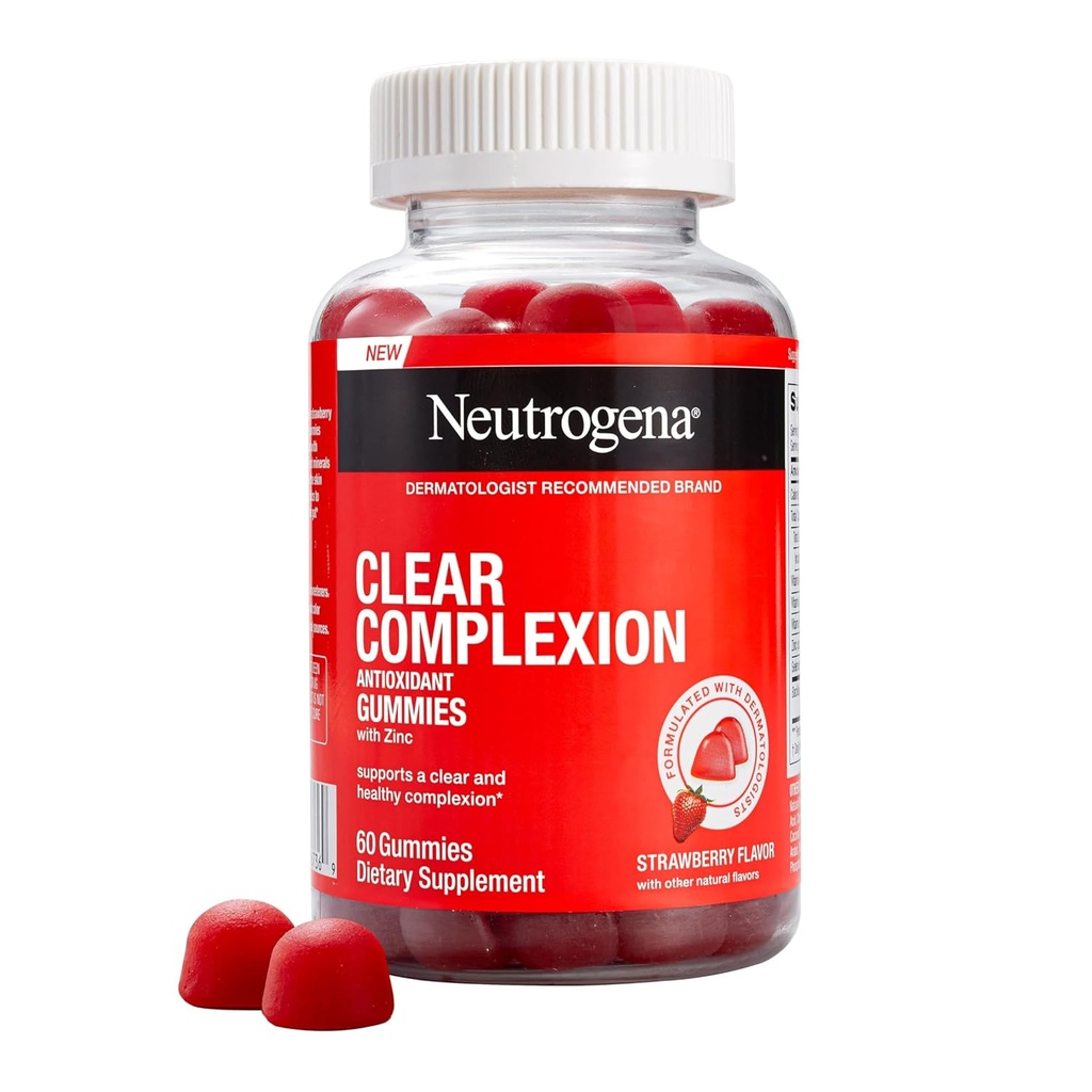 Neutrogena Clear Complexion Antioxidant Gummies with Zinc, Daily Skincare Supplement with Vitamin A, C & E for Clear, Healthy Skin + Probiotics, Strawberry Flavor, 60 ct
