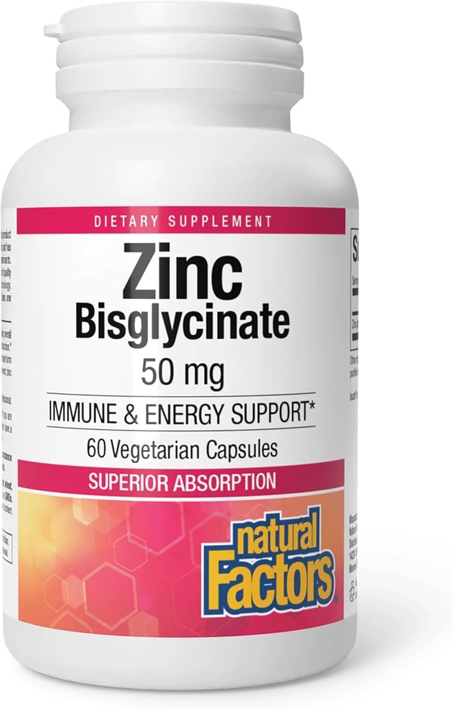 Facteurs naturels Bisglycinate de zinc, 50 mg, 60 capsules végétariennes