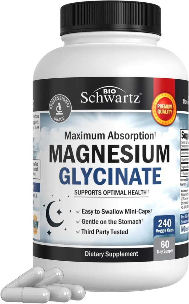 BioSchwartz Magnésium Glycinat 500mg Capsules (240 Mini Caps) Absorption Maximum Supplément de Magnésium pour l'humeur du cœur et le soutien du sommeil des nerfs sains (Vegan, sans gluten, sans OGM)