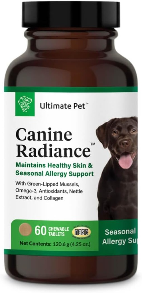 ULTIMATE PET NUTRIITION Canine Radiance Skin Allergy Support Supplément pour chiens, Hydratation de la peau Oméga-3, Antioxydants pour prévenir les démangeaisons et renforcer le manteau, 60 comprimés à croquer