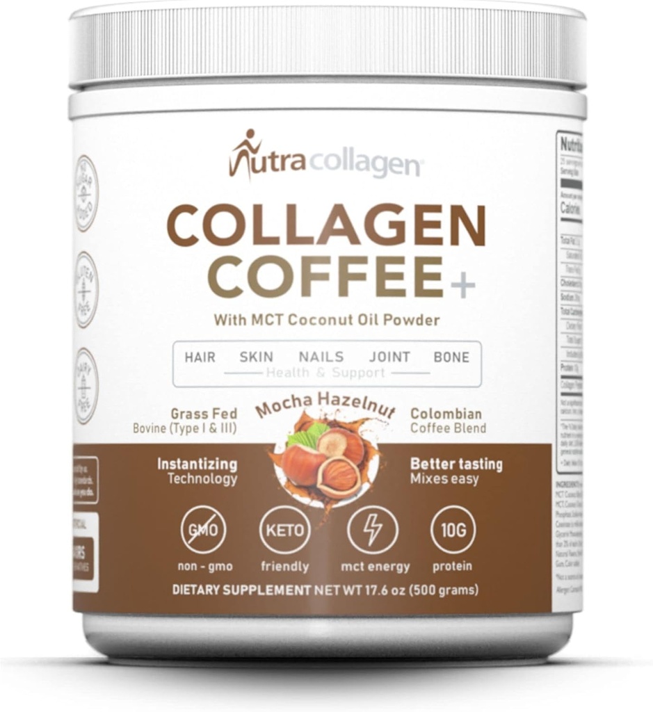 NUTRACOLLAGEN en poudre de peptide avec du café Columbian Premium; gazéifiée; huile de coco à base de kéto, sans soja, sans gluten, sans sucre, 40 mg de caféine/SVG; noisettes de Mocha 25 portions