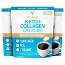 VitaCup Keto + Collagen Coffee Creamer Vanilla Flavor w/MCT, Collagen Protein, eau de coco, L-Theanine pour la diète Keto, café, smoothies, & Shakes, sans lait, sans gluten, sans soja, 3 sacs, 10 oz chacun
