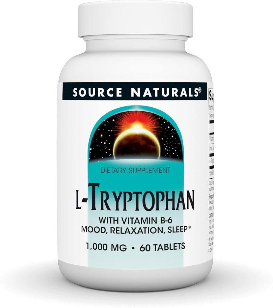 Source Naturals L-Tryptophane avec vitamine B-6 - Support d'humeur, relaxation et sommeil - 1000mg - 60 comprimés