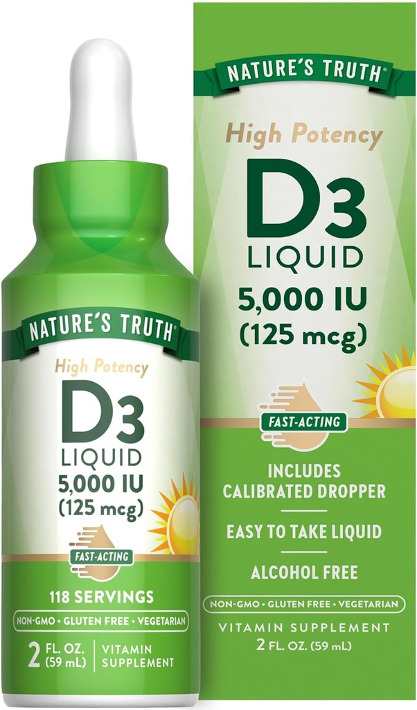 La vérité de la nature Vitamine D3 liquide 5000 UI , 2 fl oz , Supplément sans OGM et sans gluten