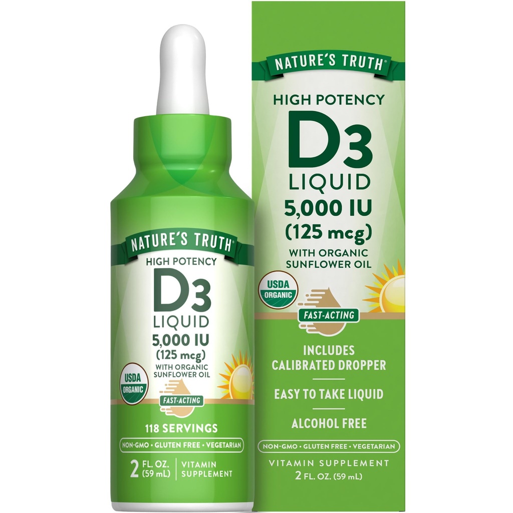 La vérité de la nature Vitamine D3 liquide 5000 UI , 2 fl oz , Supplément sans OGM et sans gluten