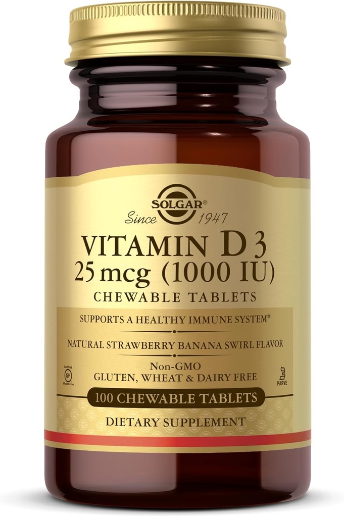 Solgar Vitamin D3 (Cholecalciferol) 25 mcg (1000 IU), Natural Strawberry Banana Swirl - 100 Chewable Tablets - Non-GMO, Kosher - 100 Servings