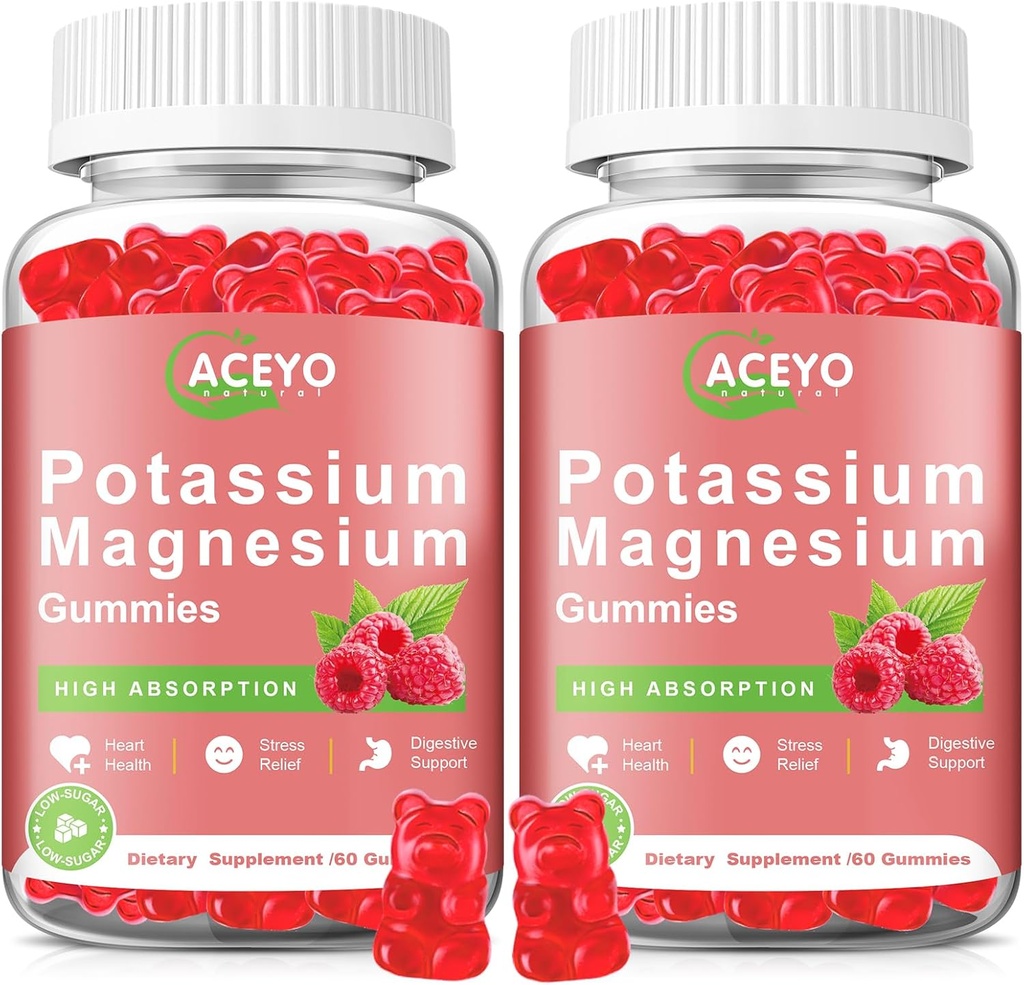 2 Pack Gommies de magnésium potassique pour les enfants adultes Haute absorption Crampes des jambes et de la santé musculaire et cardiaque Immune santé Gommies de magnésium framboise Chewable Gummy Supplément végétalien non-OGM