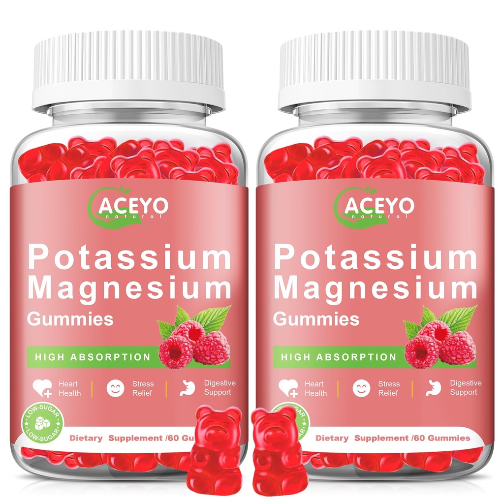 2 Pack Gommies de magnésium potassique pour les enfants adultes Haute absorption Crampes des jambes et de la santé musculaire et cardiaque Immune santé Gommies de magnésium framboise Chewable Gummy Supplément végétalien non-OGM