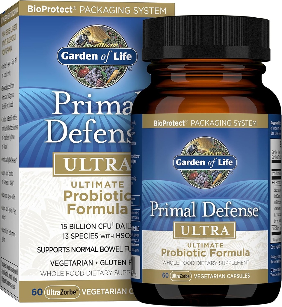 Jardin de la vie Probiotiques pour la santé digestive et l'équilibre de la santé Gut, Primal Defense Ultra Ultimate Formule, 15 Million CFU et 13 Strains Plus HSO, Végétarien et sans gluten, 60 Capsules