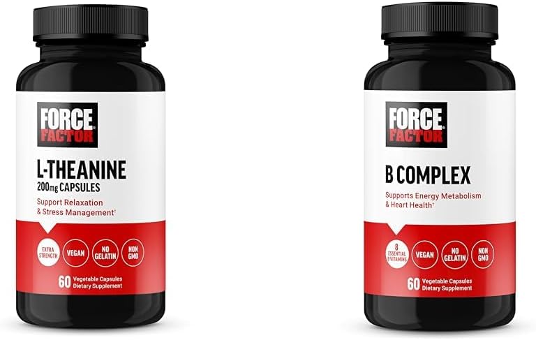 Force Factor L Theanine 200mg and Vitamin B Complex Supplement Bundle, 60 Capsules Each