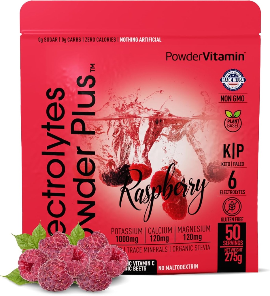 PoudreVitamine Electrolytes Poudre Plus (50 portions) Framboise Electrolyte Poudre Zéro Calorie Keto, 0 Sucre, Pas de Maltodextrine,1000mg Potassium,120mg Calcium,120mg Magnésium, Poudre d'hydratation
