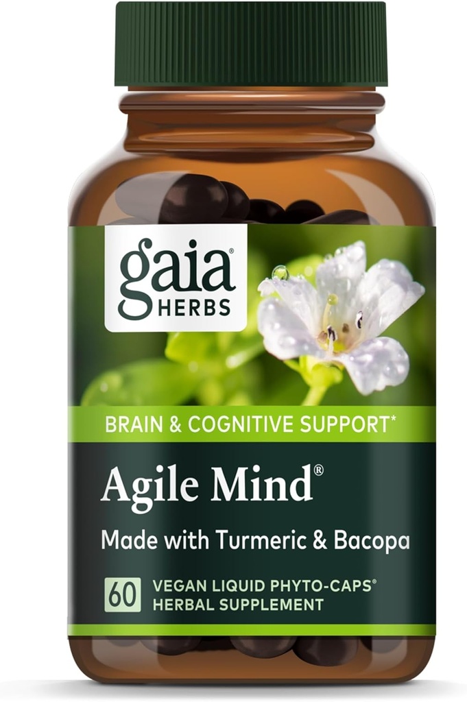 Gaia Herbs Agile Mind - Cerveau et soutien cognitif suppléments à base de plantes - avec racine curcuma biologique, Bacopa, poivre noir, et Ginkgo Biloba - 60 Vegan Liquid Phyto-Capsules (30 jours d'approvisionnement)