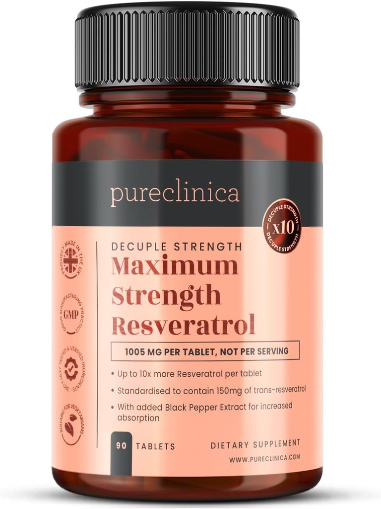 purclinica 1000mg Resveratrol x 90 comprimés (3 mois d'approvisionnement). 10 x Force avec extrait de poivre noir pour une absorption plus rapide